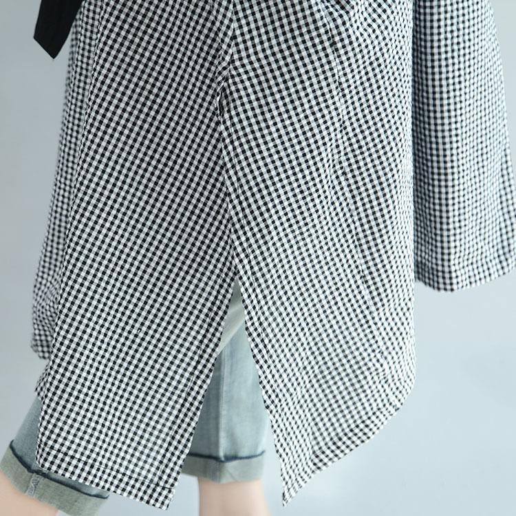 Organic v neck tie waist cotton dress Shirts black white Plaid Maxi Dresses summer - Omychic