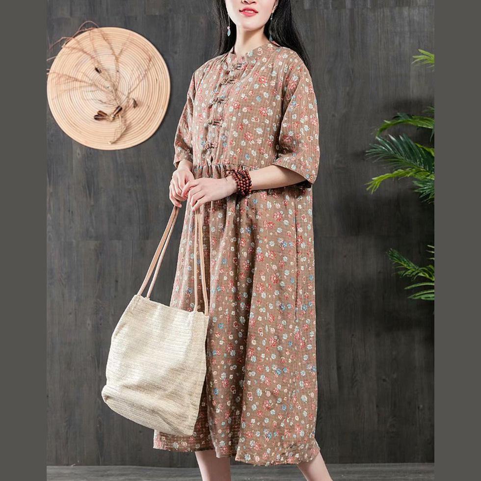 Organic wrinkled Cotton dress Fabrics khaki prints Dress summer - Omychic