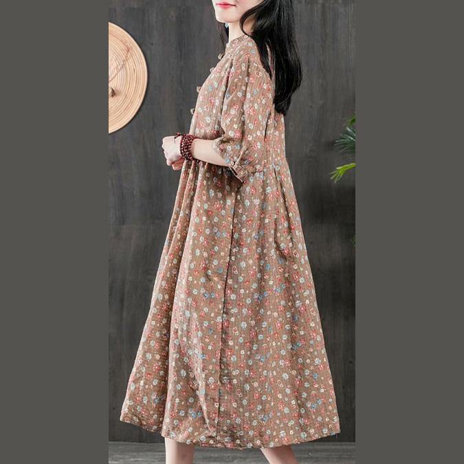 Organic wrinkled Cotton dress Fabrics khaki prints Dress summer - Omychic