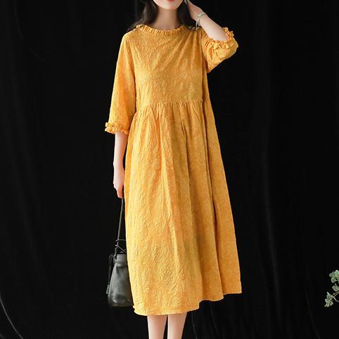 Organic yellow clothes For Women o neck jacquard cotton summer Dresses - Omychic
