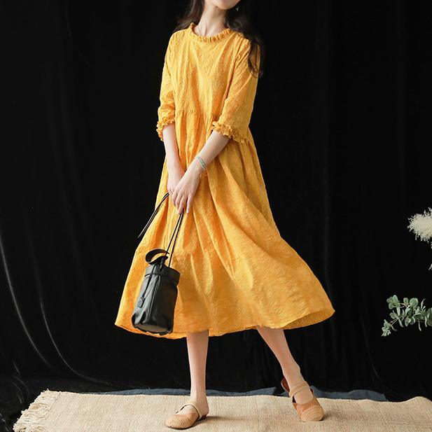 Organic yellow clothes For Women o neck jacquard cotton summer Dresses - Omychic
