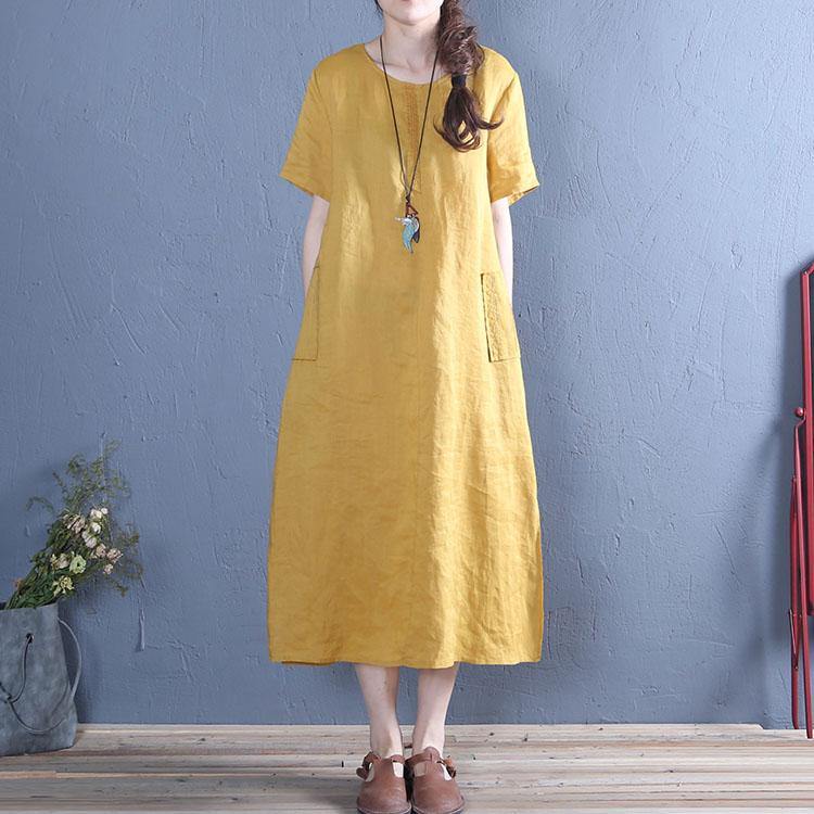 Organic yellow linen Robes o neck pockets Vestidos De Lino summer Dresses - Omychic