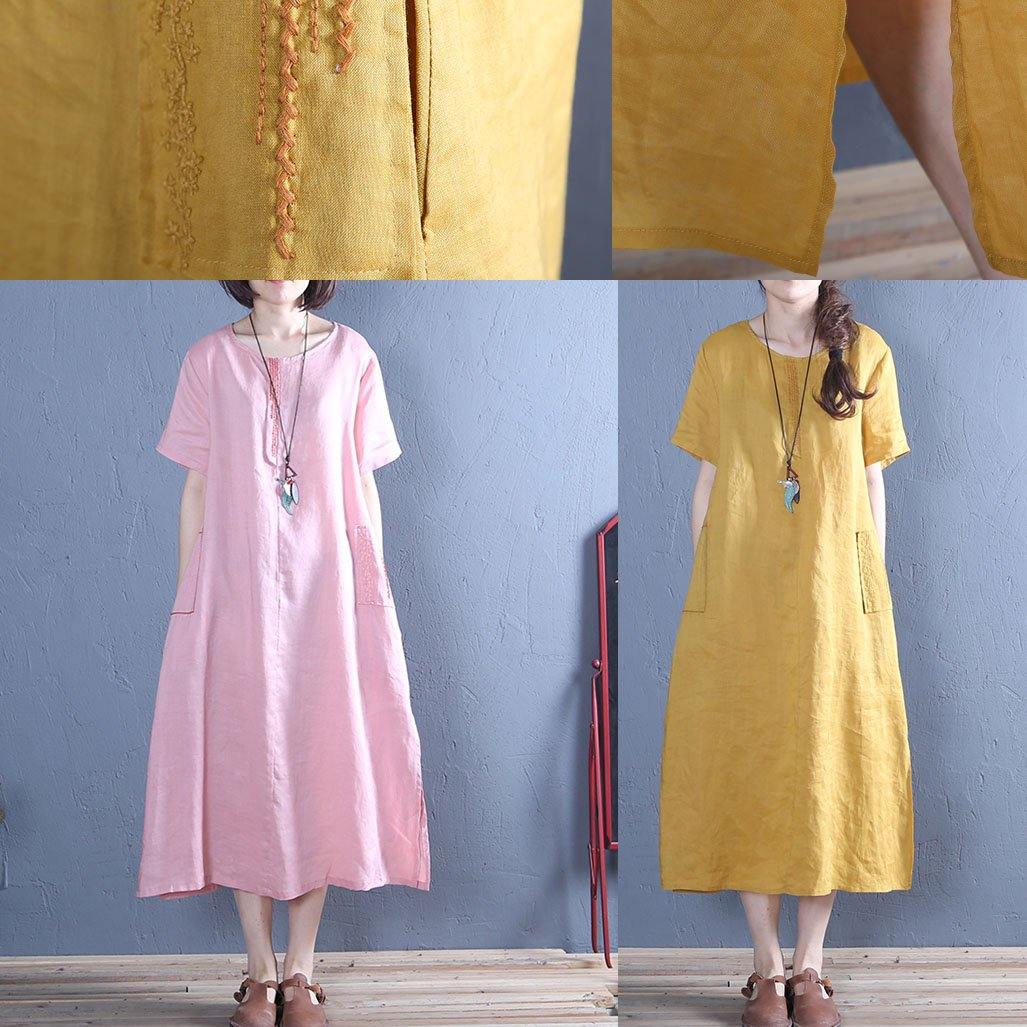 Organic yellow linen Robes o neck pockets Vestidos De Lino summer Dresses - Omychic