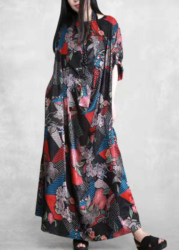 Organic Black Print Patchwork Robe Silk Dresses