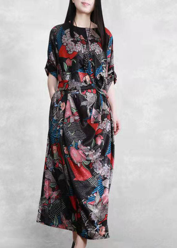 Organic Black Print Patchwork Robe Silk Dresses