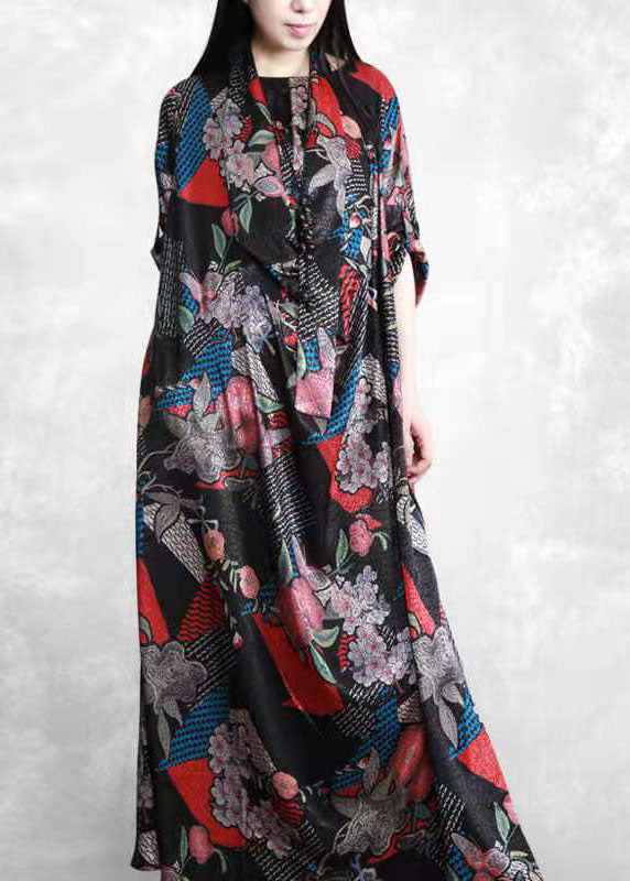 Organic Black Print Patchwork Robe Silk Dresses
