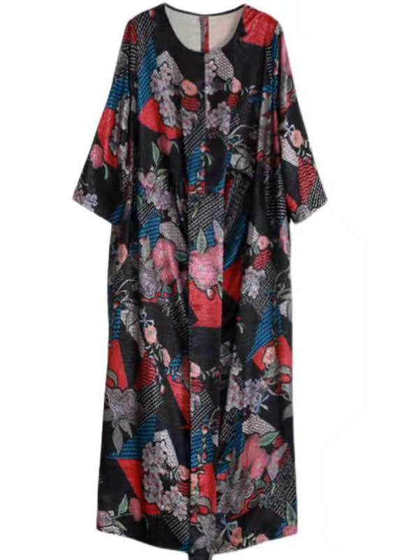 Organic Black Print Patchwork Robe Silk Dresses