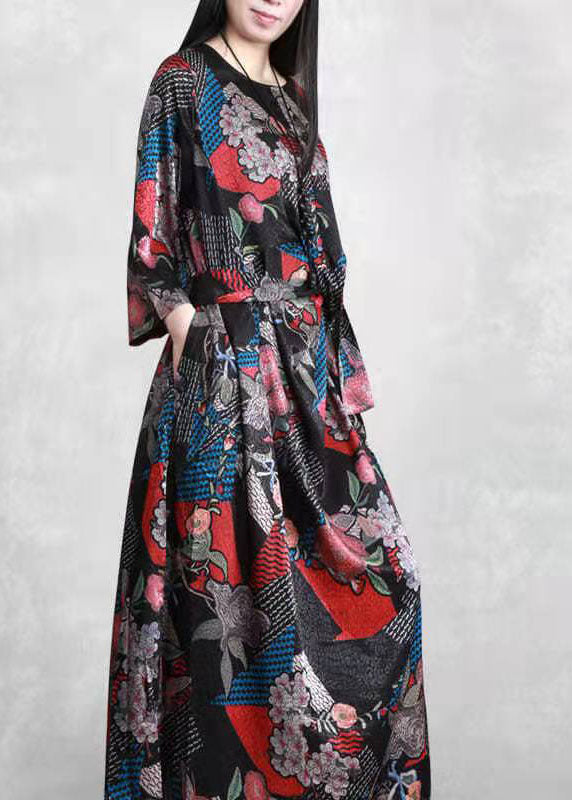 Organic Black Print Patchwork Robe Silk Dresses