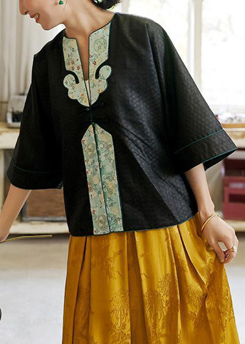 Oriental Black O-Neck Embroideried Patchwork Silk Coats Spring