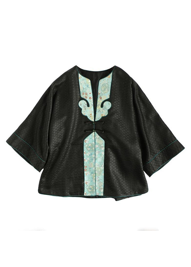 Oriental Black O-Neck Embroideried Patchwork Silk Coats Spring