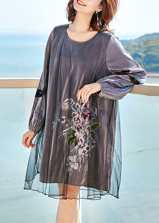 Oriental Grey O-Neck Embroideried Patchwork Tulle Dress Spring