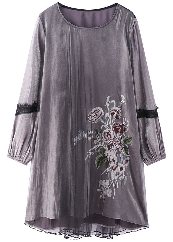 Oriental Grey O-Neck Embroideried Patchwork Tulle Dress Spring