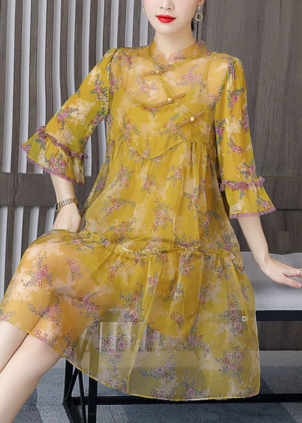 Oriental Yellow Wrinkled Patchwork Print Silk Two Pieces Set Summer