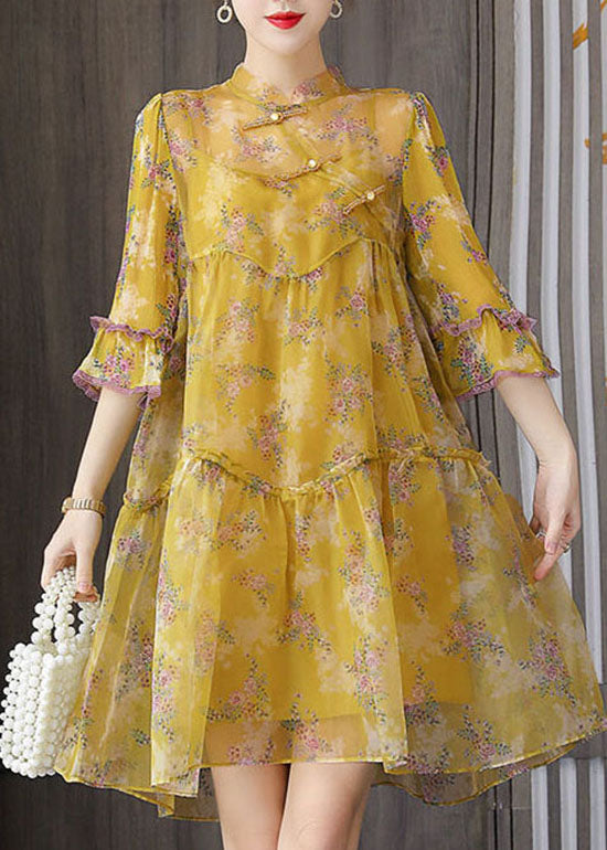 Oriental Yellow Wrinkled Patchwork Print Silk Two Pieces Set Summer