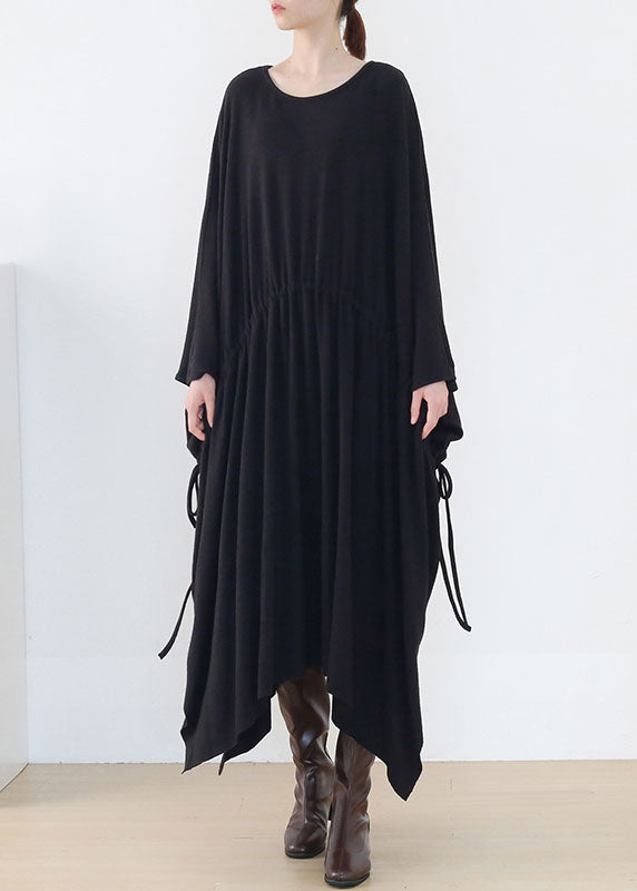 Original Black Drawstring Baggy Asymmetrical Cotton Long Dress Batwing Sleeve