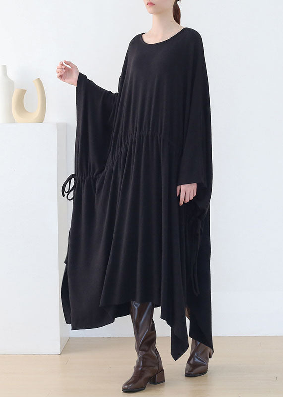 Original Black Drawstring Baggy Asymmetrical Cotton Long Dress Batwing Sleeve