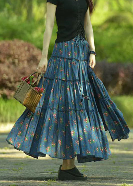 Original Brown Ruffled Print Patchwork Cotton Skirt Spring