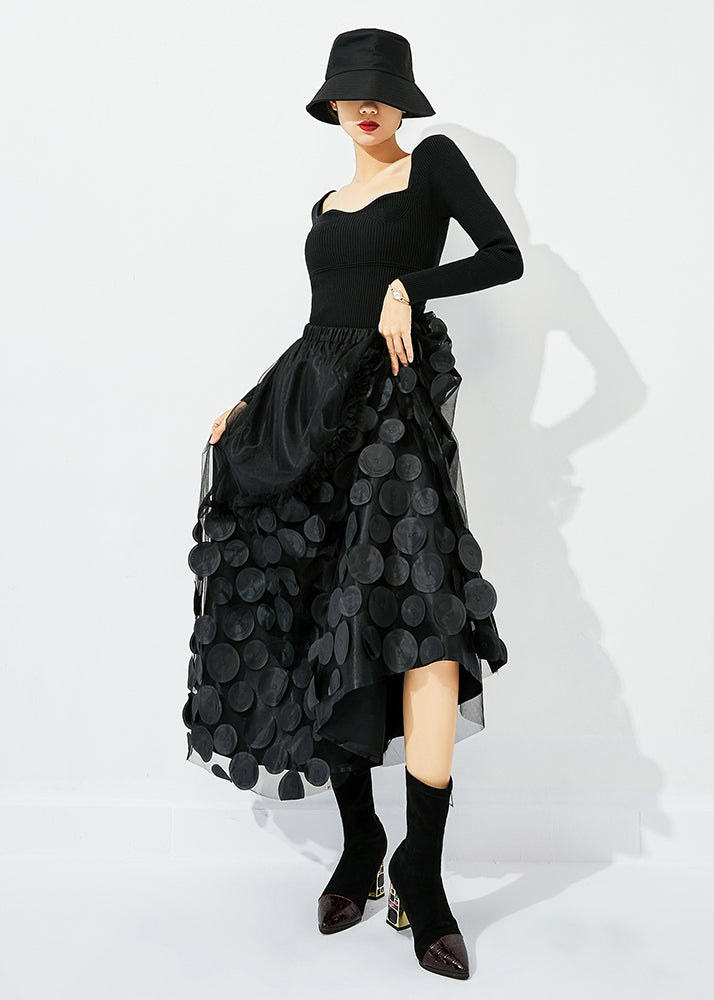 Original Design Black Elastic Waist Patchwork Wrinkled Tulle Skirt Summer