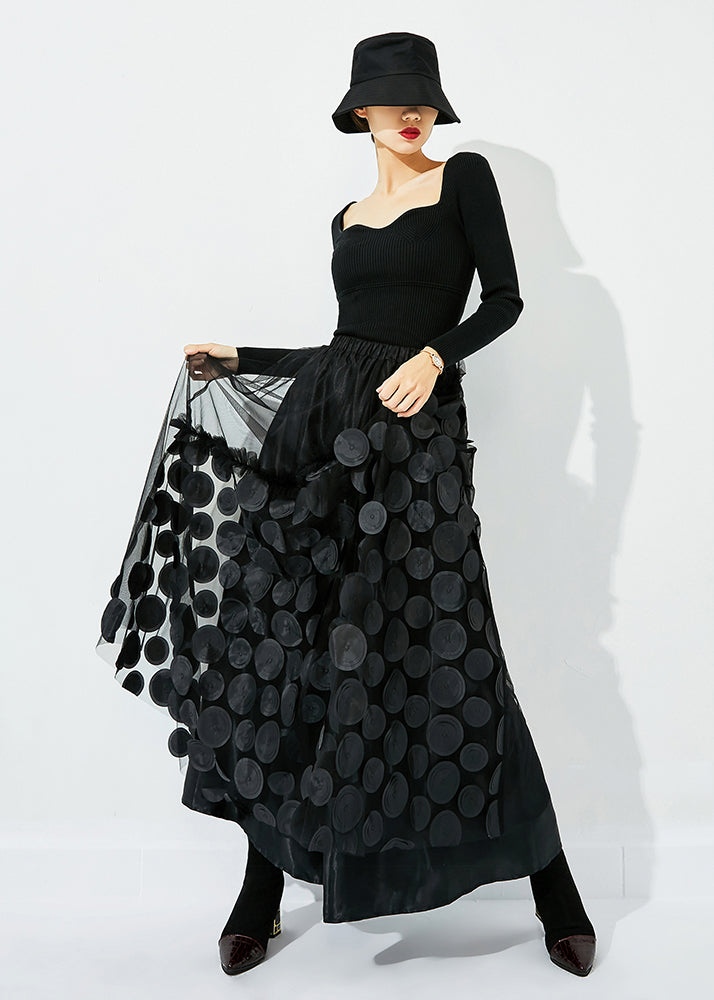 Original Design Black Elastic Waist Patchwork Wrinkled Tulle Skirt Summer