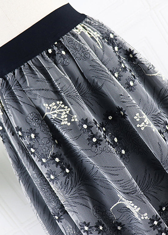 Original Design Black Embroidered High Waist Tulle Skirts Spring