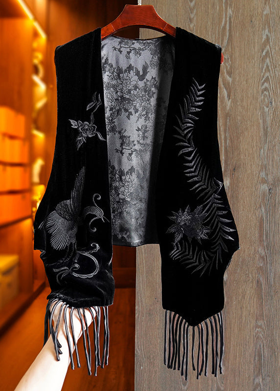 Original Design Black Embroideried Tasseled Silk Velour Vest Sleeveless