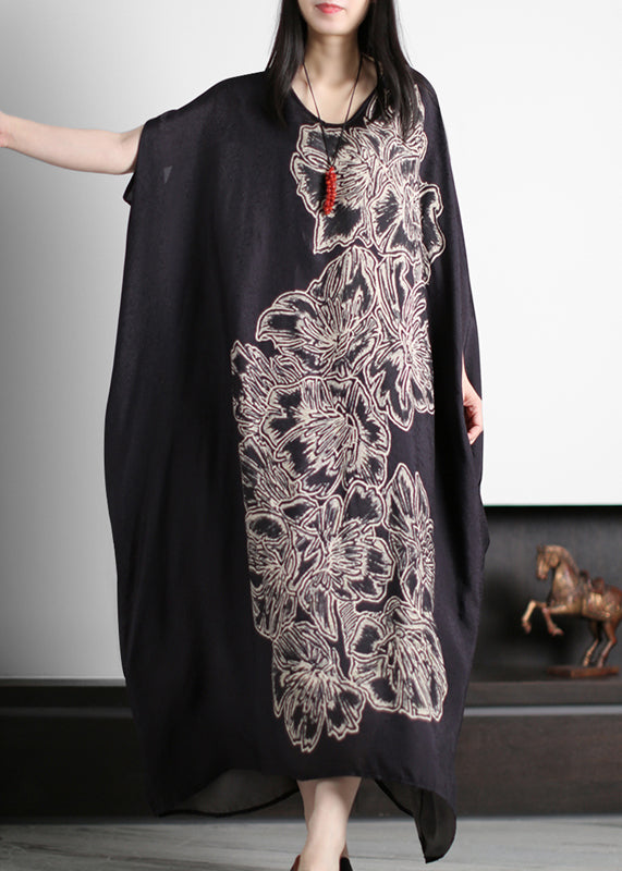 Original Design Black O-Neck Print Silk Maxi Dress Batwing Sleeve