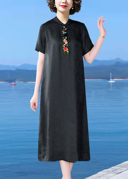 Original Design Black Peter Pan Collar Embroideried Silk Dress Summer