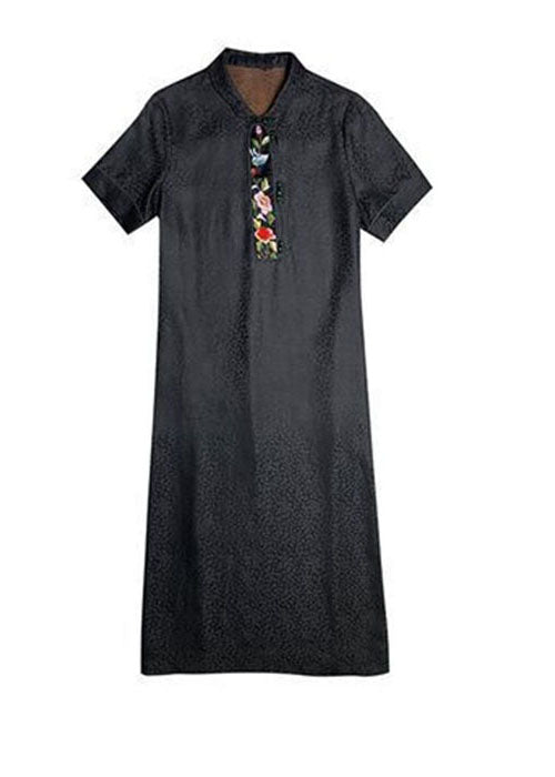 Original Design Black Peter Pan Collar Embroideried Silk Dress Summer
