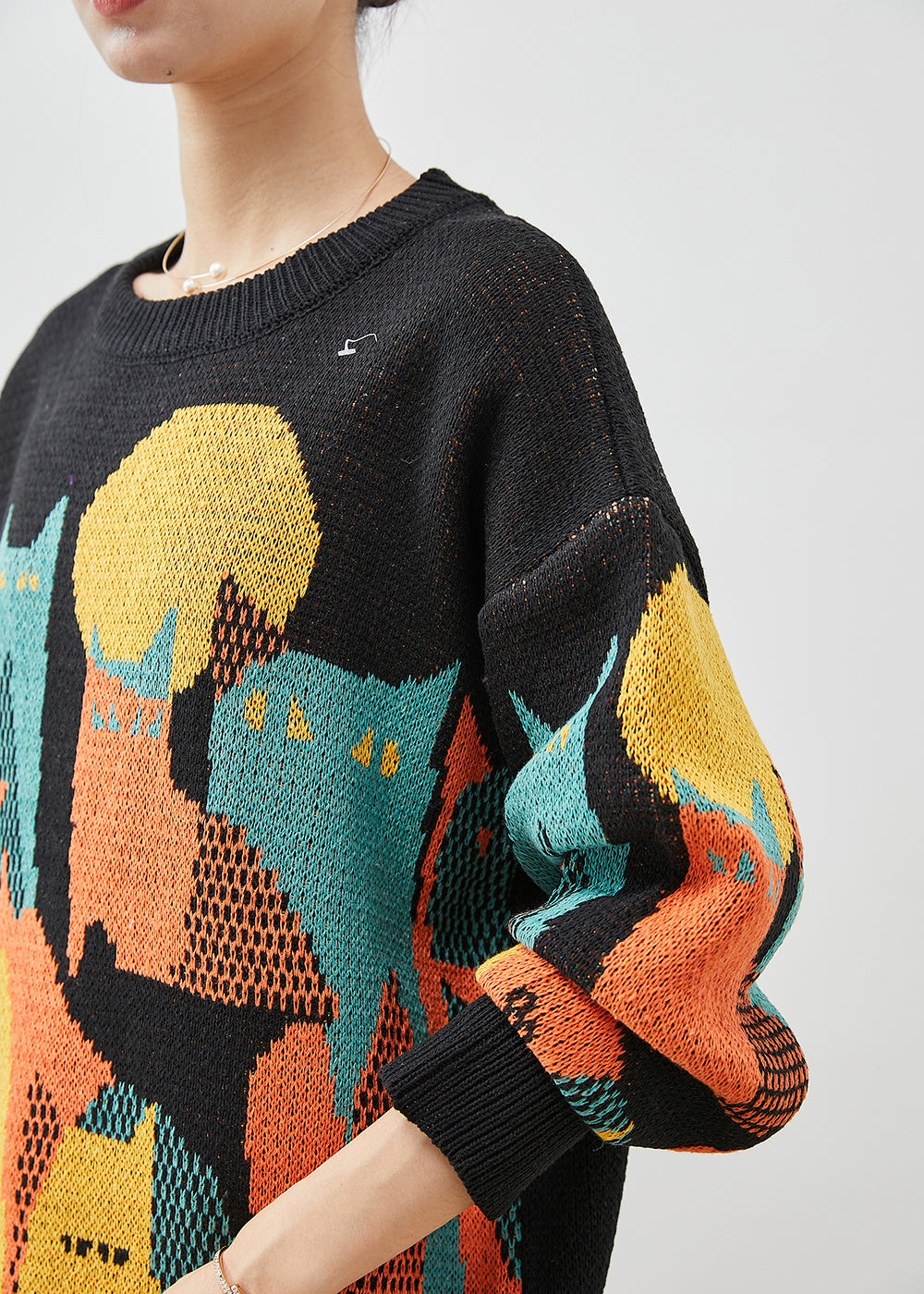 Original Design Black Print Knit Short Sweater Winter