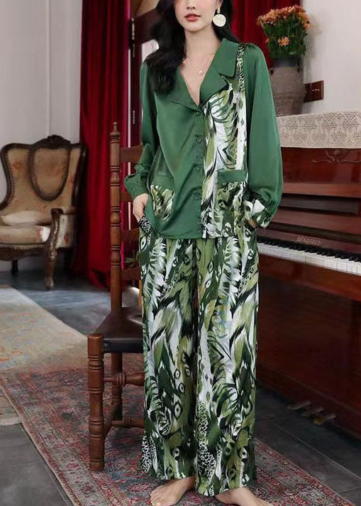 Original Design Blackish Green Asymmetrical Print Ice Silk Pajamas Two-Piece Set Spring