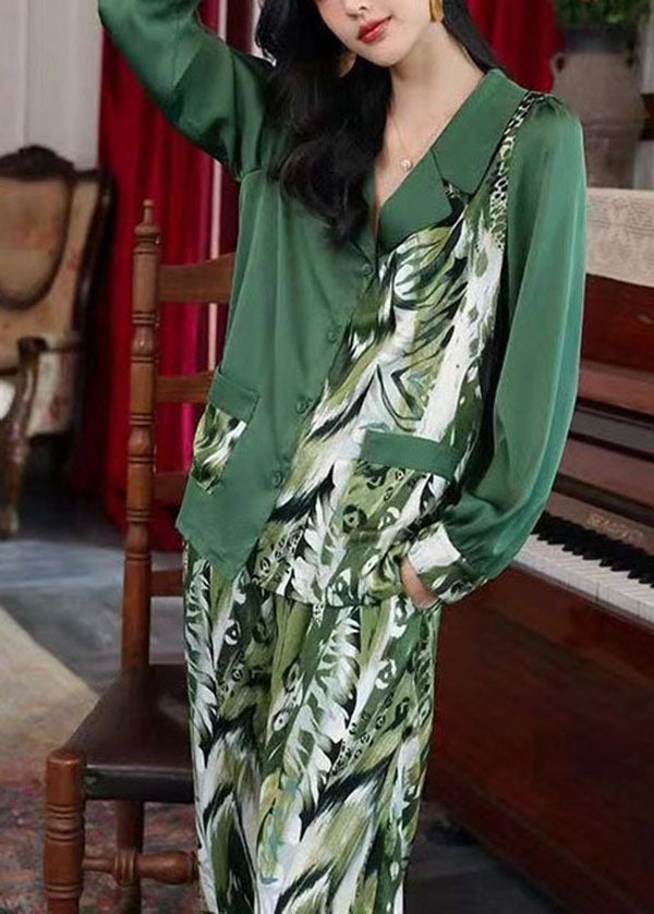 Original Design Blackish Green Asymmetrical Print Ice Silk Pajamas Two-Piece Set Spring