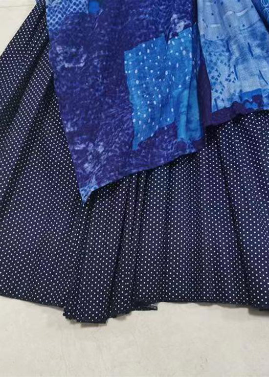 Original Design Blue Asymmetrical Patchwork Elastic Waist Cotton Skirts Spring