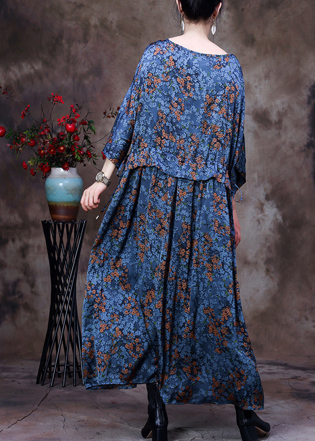 Original Design Blue O-Neck Drawstring Print Silk Loose Dresses Bracelet Sleeve