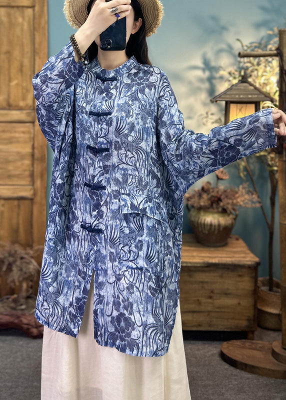 Original Design Blue Stand Collar Print Chinese Button Linen Cardigans Summer