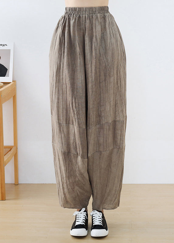 Original Design Coffee Elastic Waist Linen Harem Pants Summer