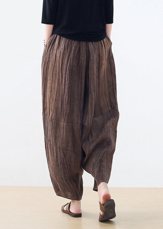 Original Design Coffee Elastic Waist Linen Harem Pants Summer