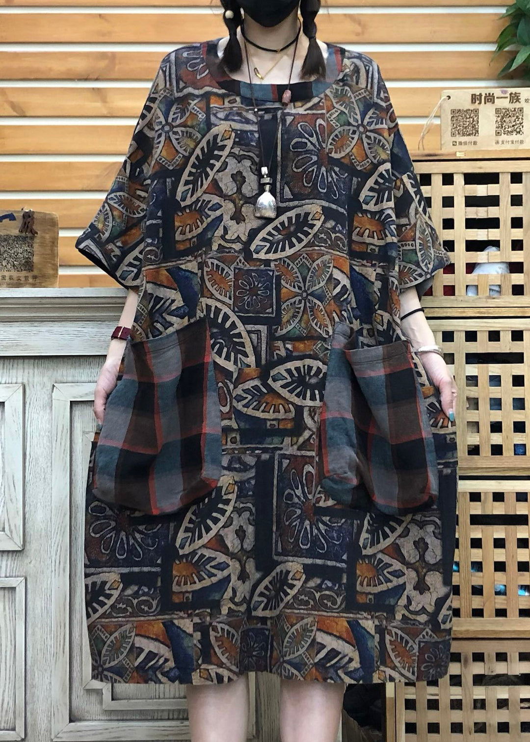 Original Design Coffee O-Neck Print Patchwork Pockets Linen Dress Half Sleeve