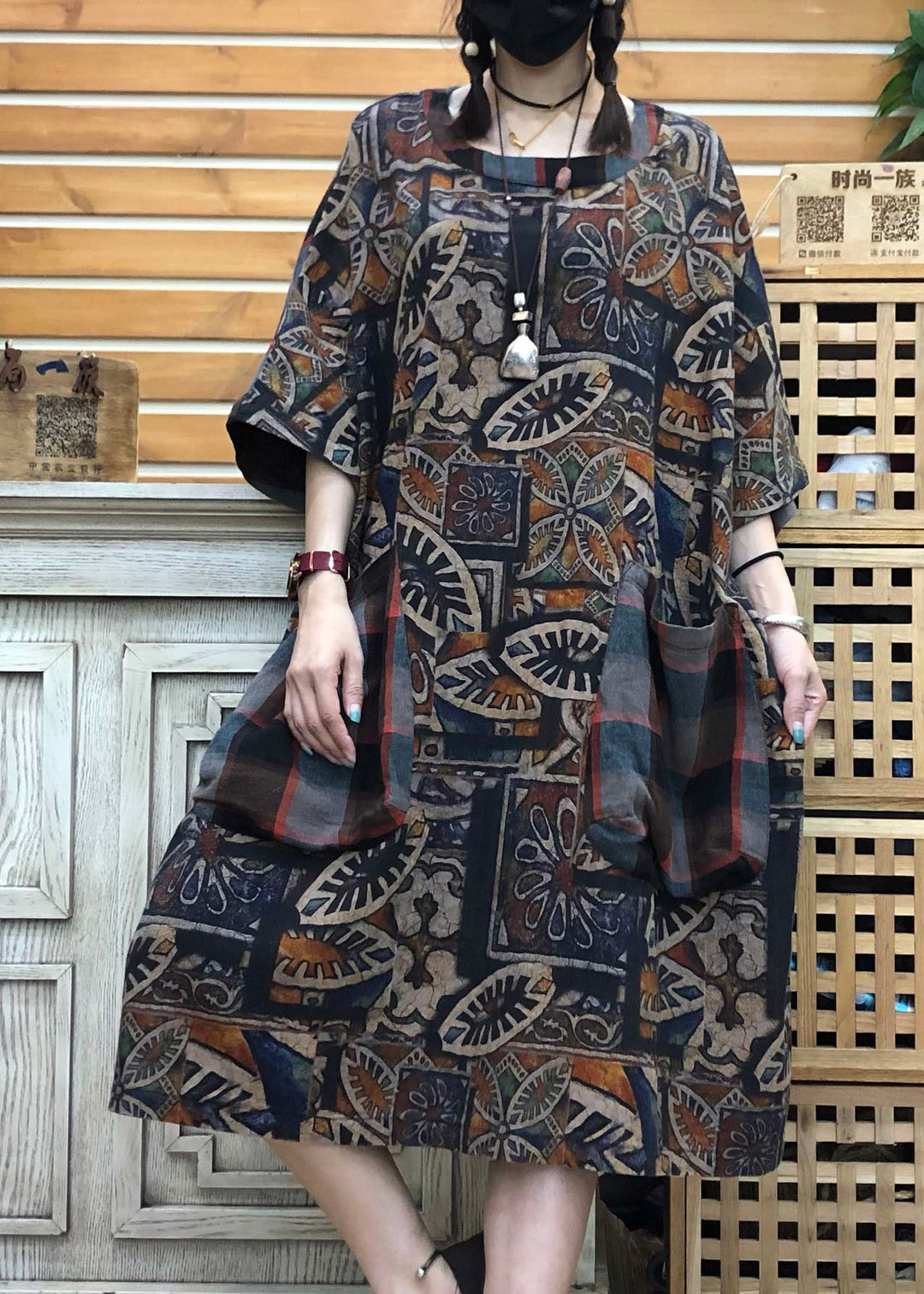 Original Design Coffee O-Neck Print Patchwork Pockets Linen Dress Half Sleeve