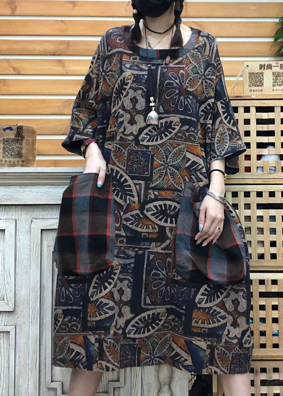 Original Design Coffee O-Neck Print Patchwork Pockets Linen Dress Half Sleeve