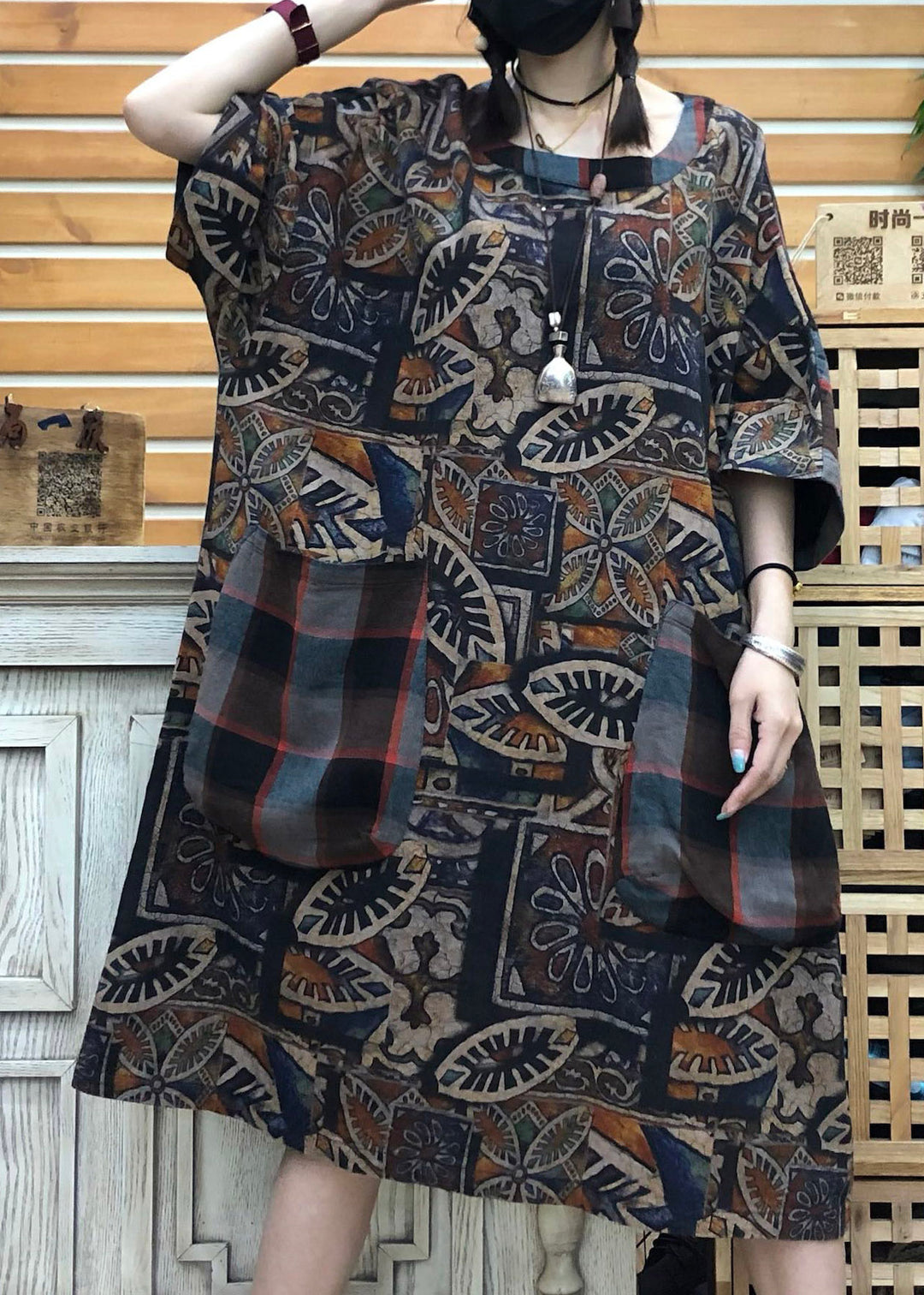 Original Design Coffee O-Neck Print Patchwork Pockets Linen Dress Half Sleeve