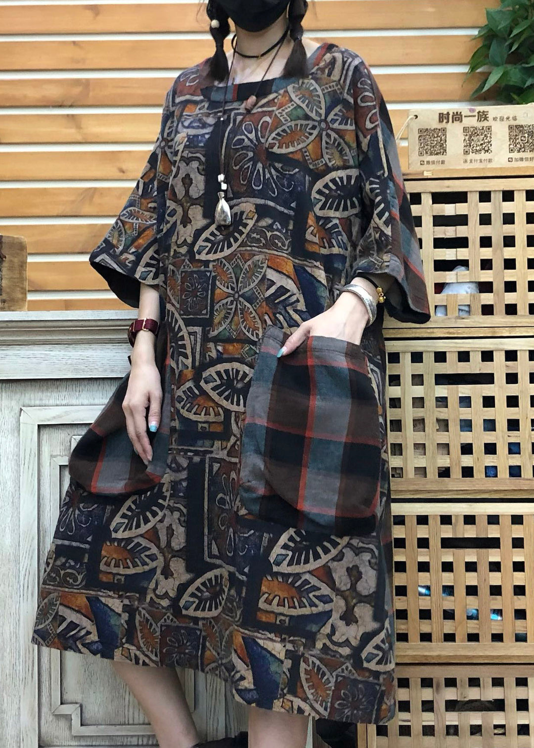 Original Design Coffee O-Neck Print Patchwork Pockets Linen Dress Half Sleeve