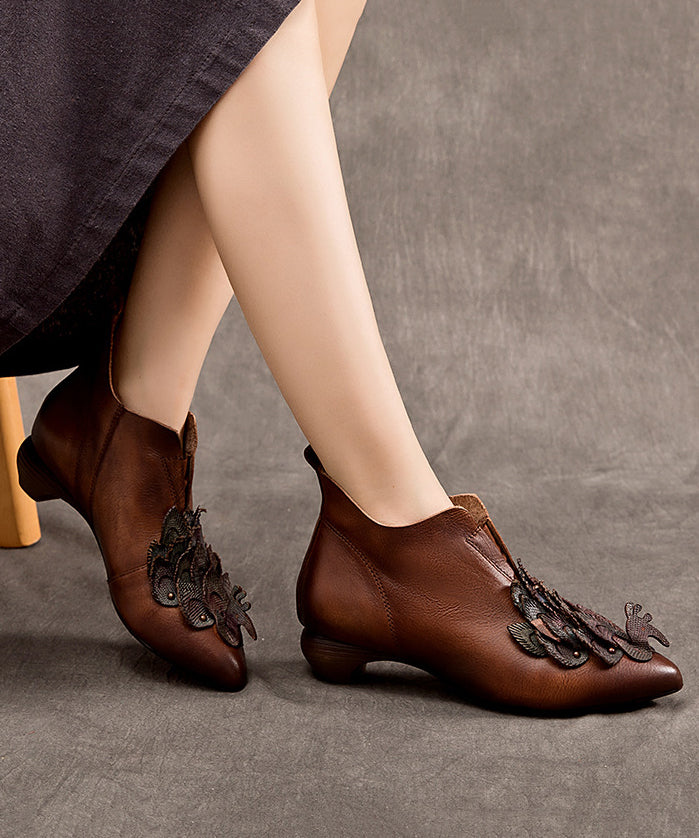 Original Design Ethnic Style Coffee Pointed Chunky Boots