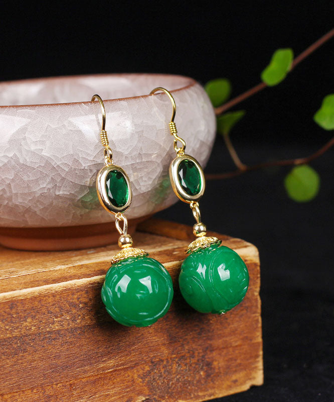 Original Design Green Sterling Silver Overgild Inlaid Gem Stone Jade Drop Earrings