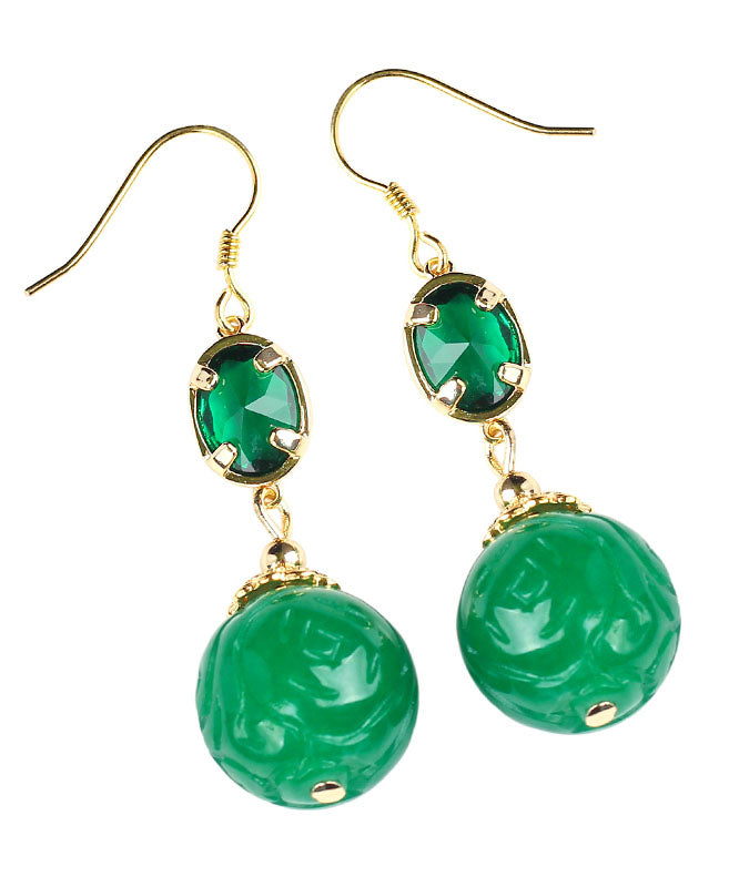 Original Design Green Sterling Silver Overgild Inlaid Gem Stone Jade Drop Earrings