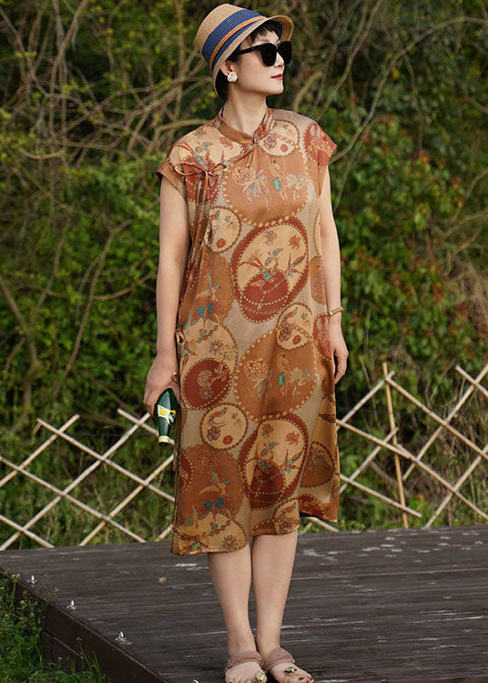 Original Design Khaki Mandarin Collar Print Side Open Top Quality Silk Dresses Sleeveless