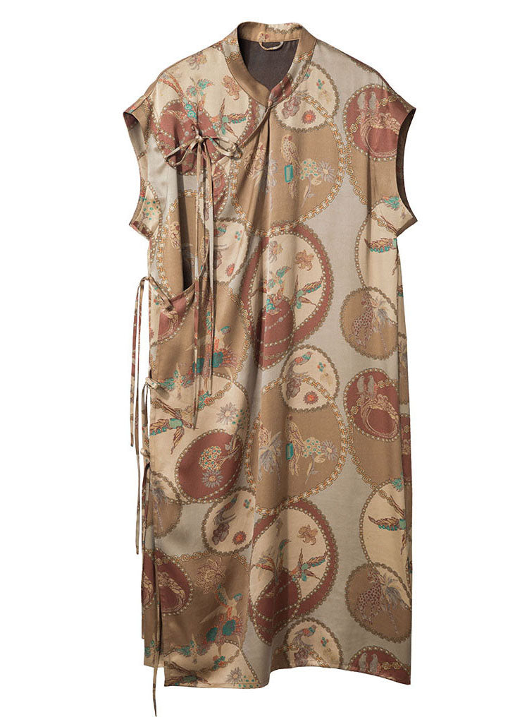 Original Design Khaki Mandarin Collar Print Side Open Top Quality Silk Dresses Sleeveless