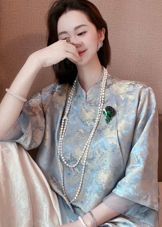 Original Design Light Blue Tulle Patchwork Jacquard Silk Shirts Half Sleeve