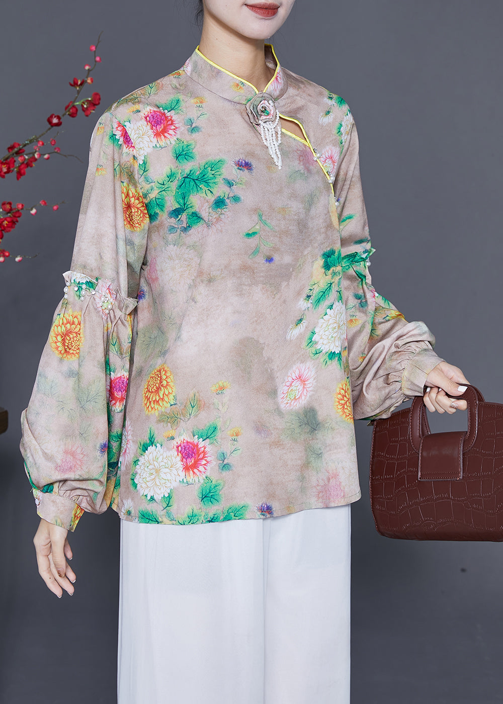 Original Design Mandarin Collar Print Tassel Silk Shirts Lantern Sleeve