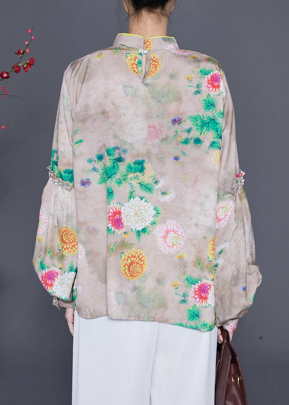 Original Design Mandarin Collar Print Tassel Silk Shirts Lantern Sleeve