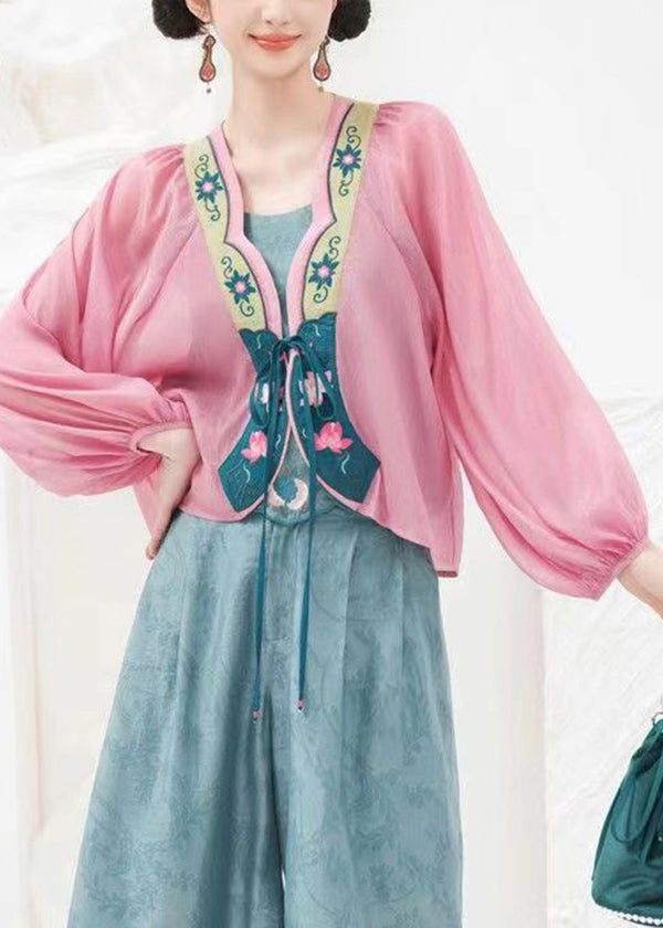 Original Design Pink Embroideried Lace Up Chiffon Cardigans Lantern Sleeve